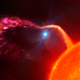 An artist’s impression of the white dwarf drawing material off its companion star and launching it into space.